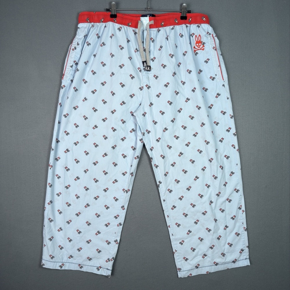 Psycho Bunny Pajama Pants Mens XL Blue Red Skull Logo Cotton Lounge Sleepwear